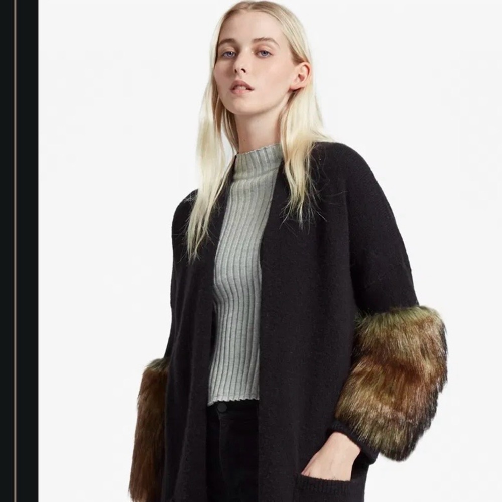 French Connection Black Cardigan with Faux Fur Sleeves